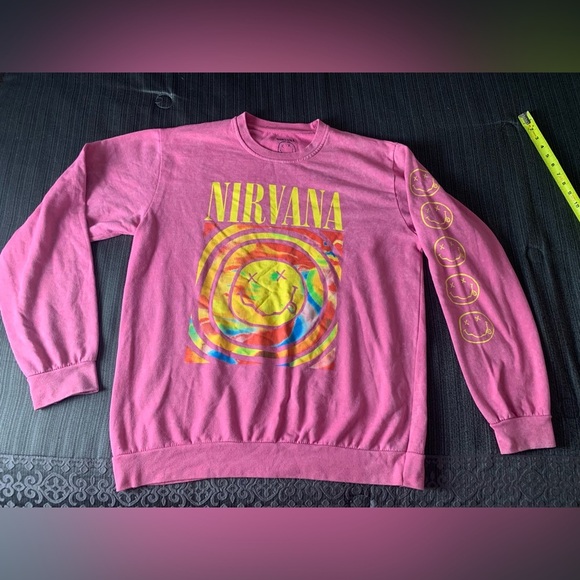 Urban Outfitters Nirvana Smiley Face Overdyed Sweatshirt Heliconia  XL oversized - Picture 8 of 15
